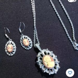 Cameo Necklace Locket and Earring Set